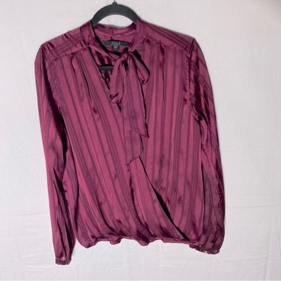 Guess Burgundy Satiny Semi Sheer Striped Faux Wrap Blouse W Neck Tie L - Picture 16 of 16